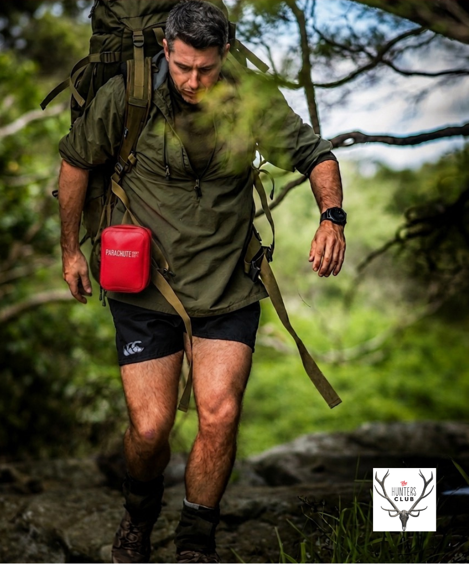 Man hiking with a red first aid kit bag in a forest,
